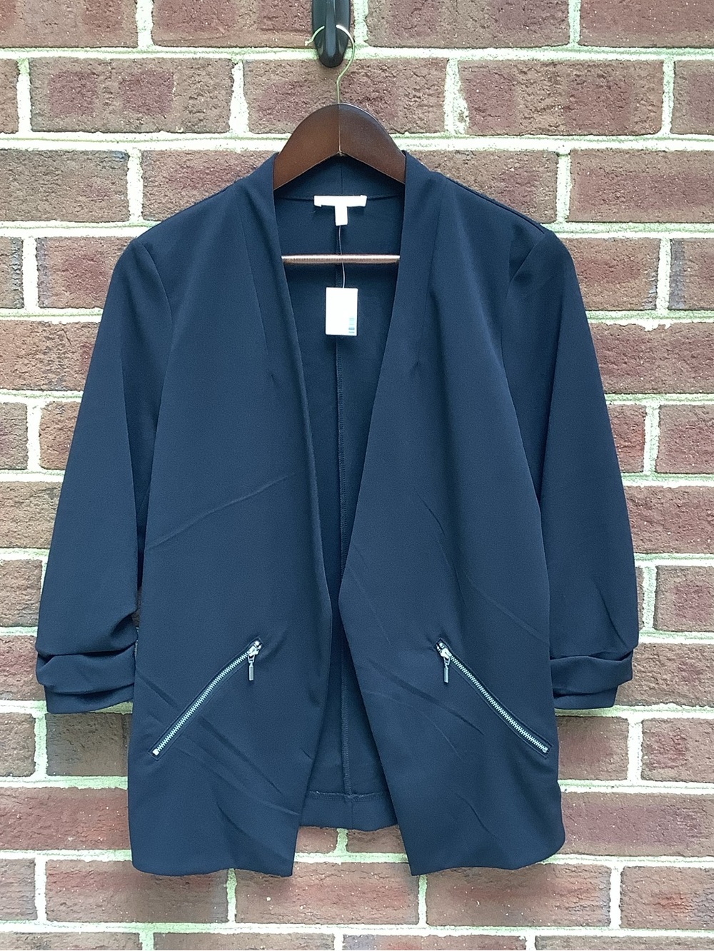 NWT Maurice’s Black Blazer 3/4 Sleeve Open Front Faux Zipper Pockets M